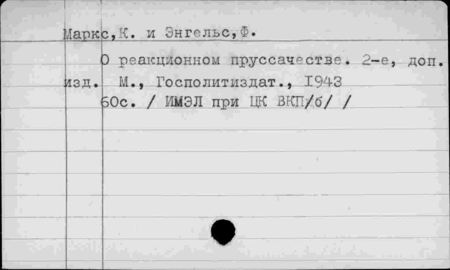 ﻿	Ларк	с, К. и Энгельс,Ф.
		3 реакционном пруссачестве. 2-е, доп.
	дзд.	М., Го с по лит из дат., 1943
		50с. / ИМЭЛ при ЦК ВКП/б/ /
		
		
		
		
		
		
		